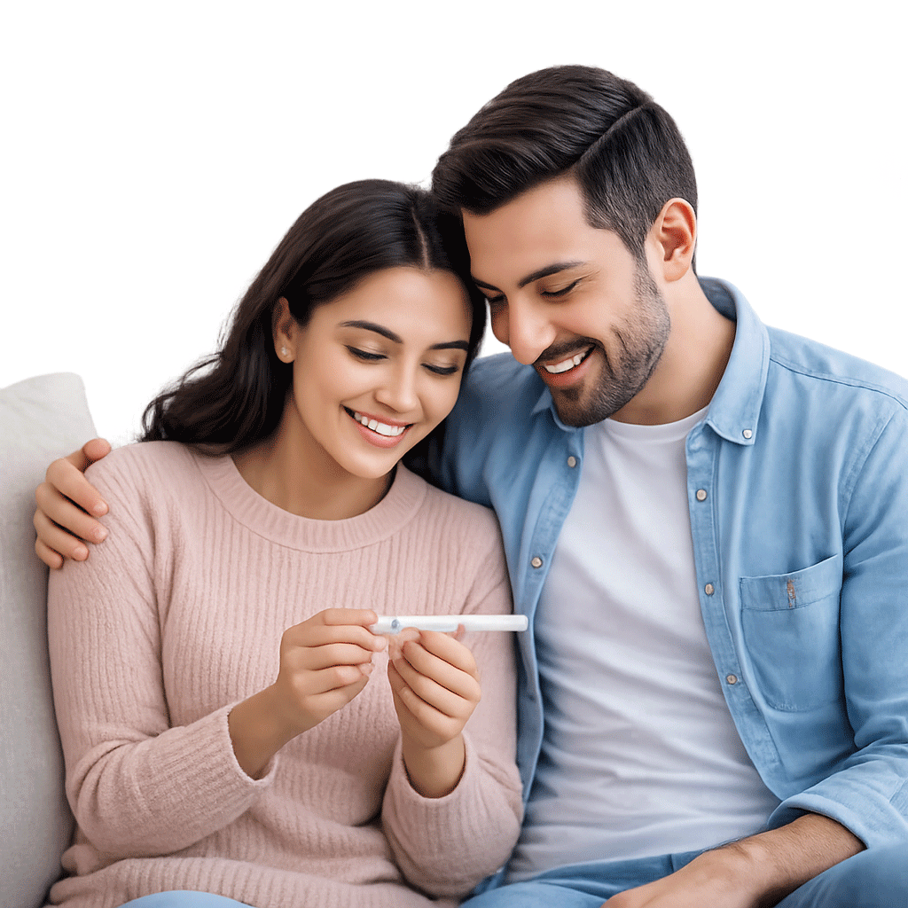 Happy couple holding a pregnancy test